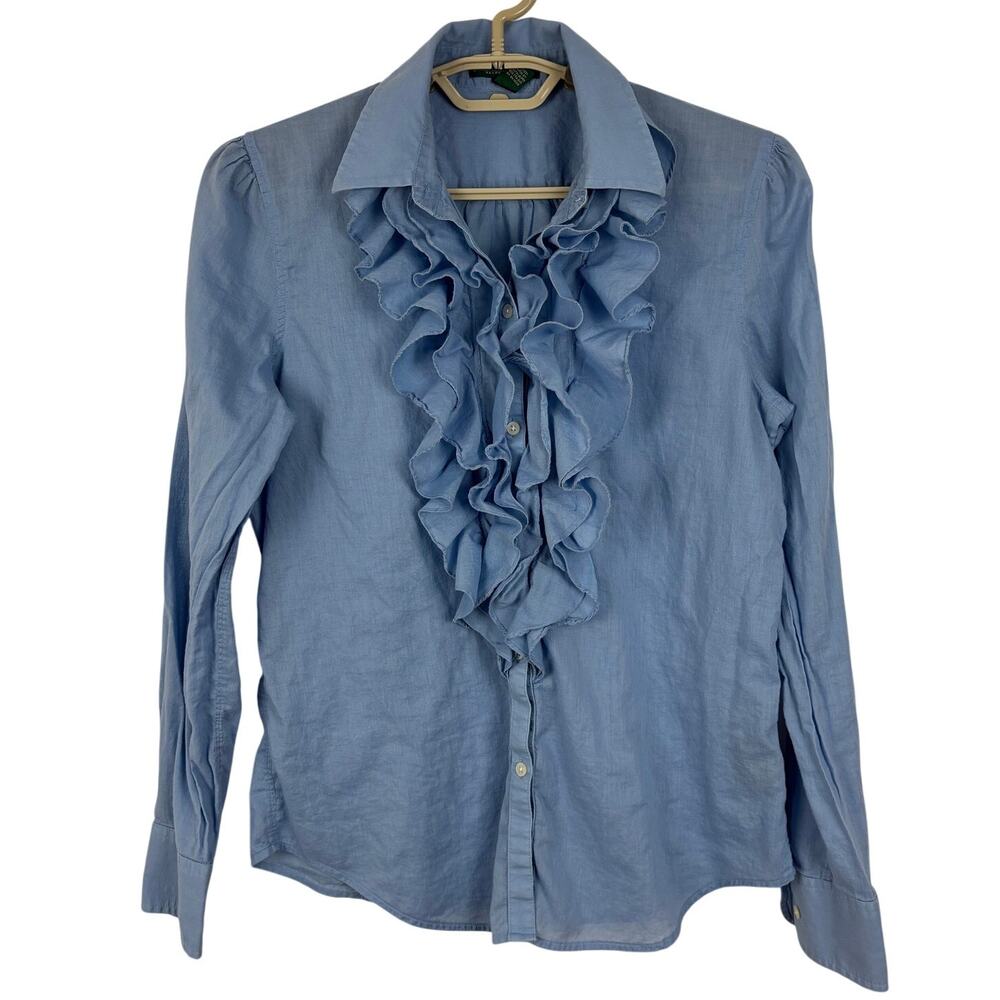 Lauren Ralph Lauren Blue Button Up Shirt Ruffle Cotton Medium old money preppy